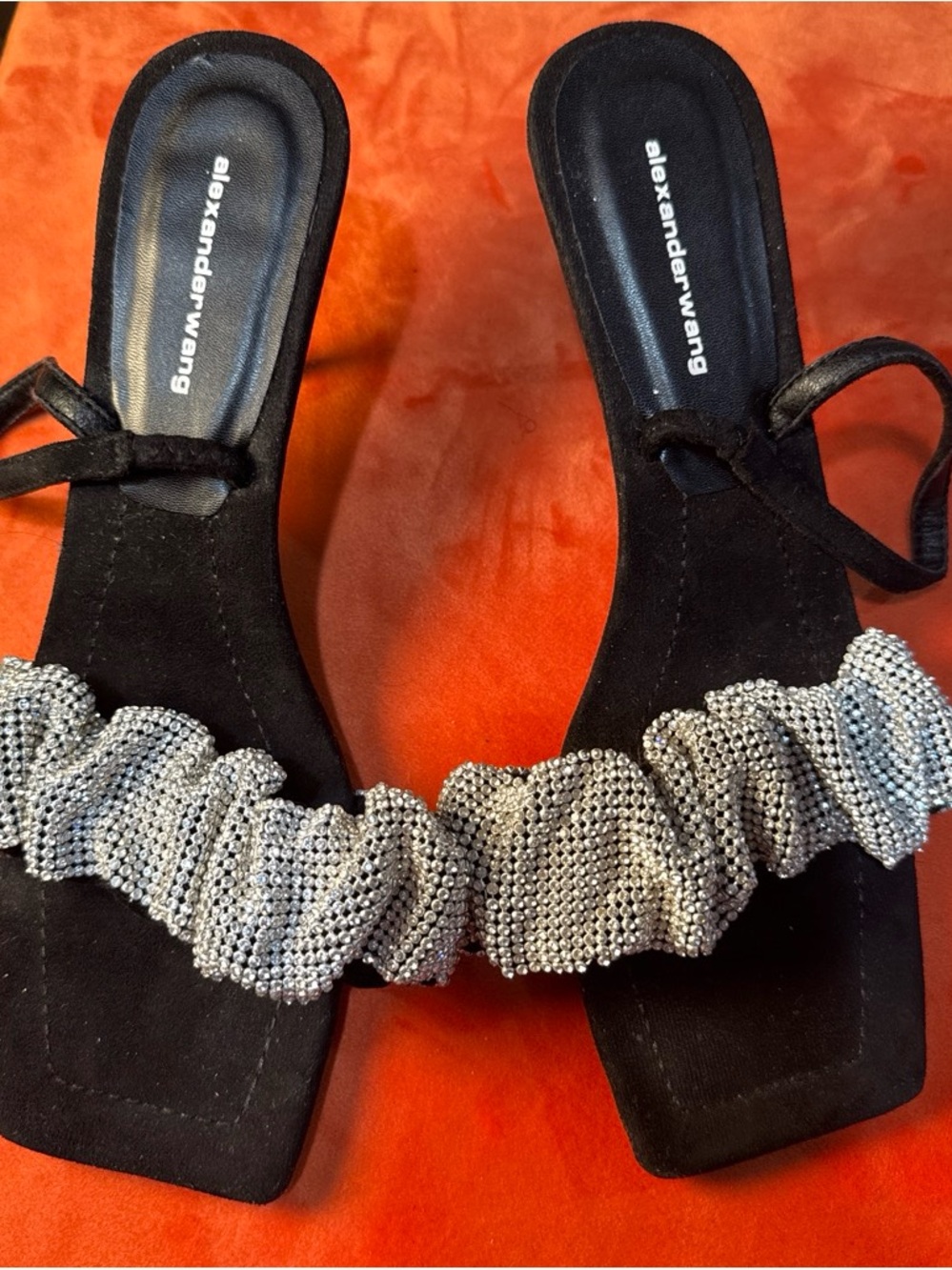 Alexander Wang Black Suede Ruffled Crystal-Trim Slide Heels